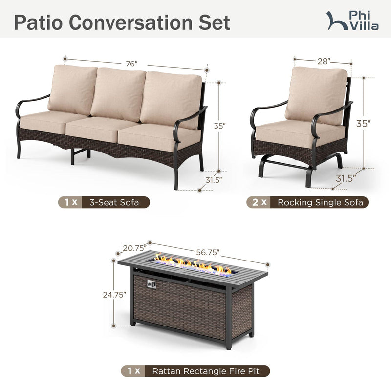 Phi Villa 5-Seater Outdoor Steel & Rattan Sofa Set With Rectangle Fire Pit Table