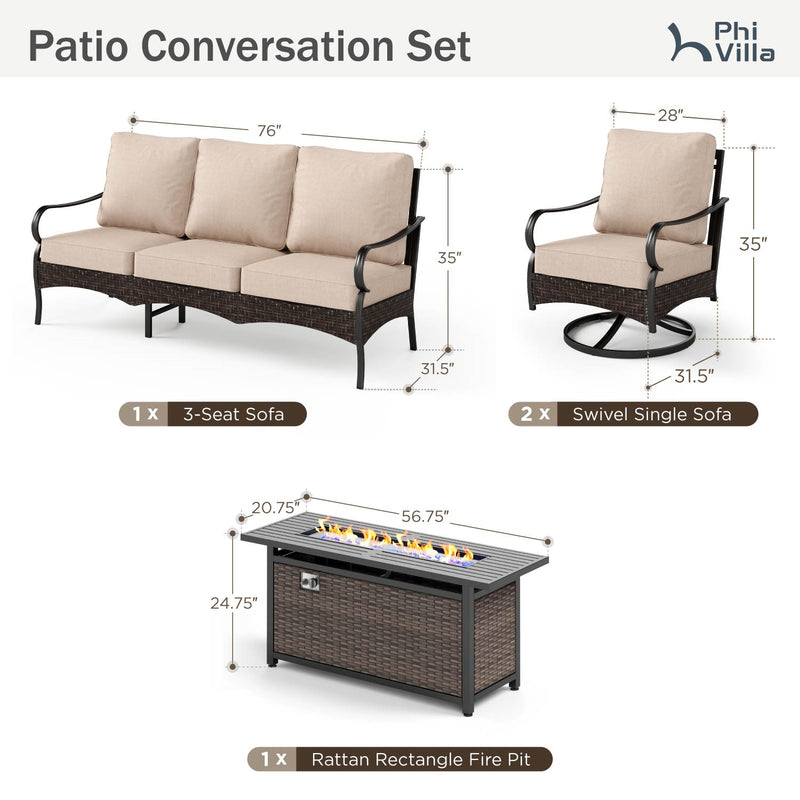 Phi Villa 5-Seater Outdoor Steel & Rattan Sofa Set With Rectangle Fire Pit Table