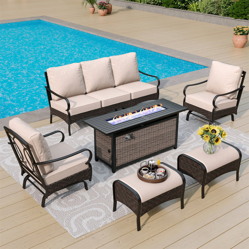 Phi Villa 7-Seater Outdoor Steel & Rattan Sofa Set With Rectangle Fire Pit Table