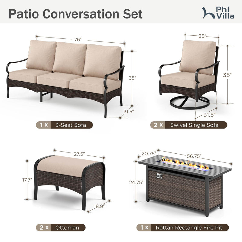 Phi Villa 7-Seater Outdoor Steel & Rattan Sofa Set With Rectangle Fire Pit Table