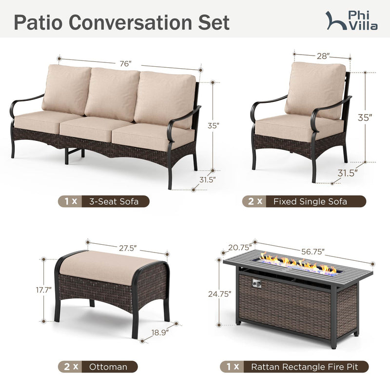 Phi Villa 7-Seater Outdoor Steel & Rattan Sofa Set With Rectangle Fire Pit Table