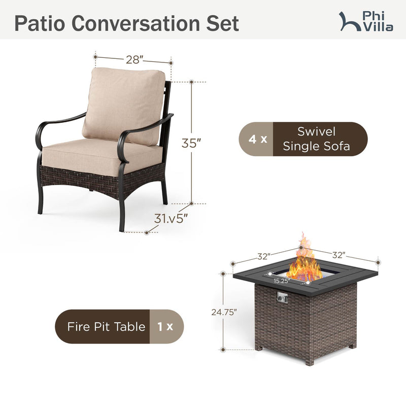 Phi Villa 4-Seater Outdoor Steel & Rattan Conversation Sofa Set With Square Fire Pit Table