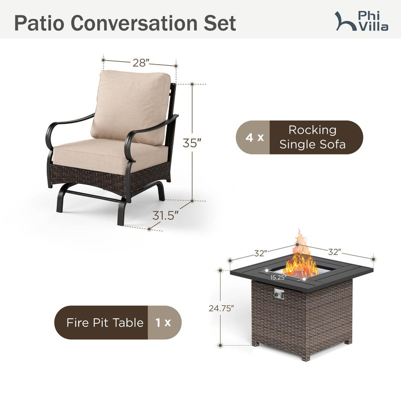 Phi Villa 4-Seater Outdoor Steel & Rattan Conversation Sofa Set With Square Fire Pit Table