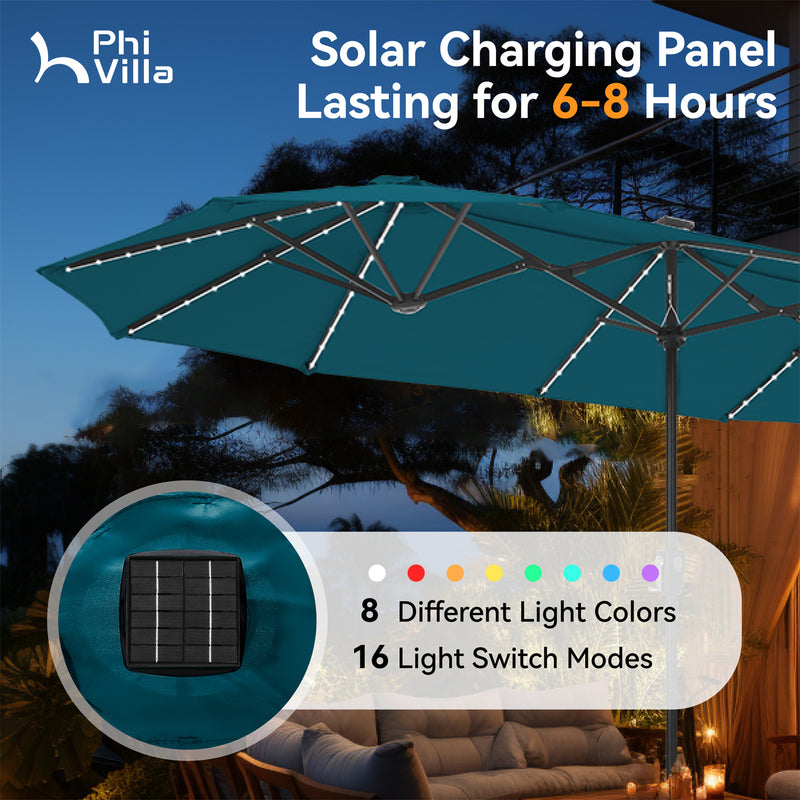 PHI VILLA 13Ft Double-Sided Umbrella - Solar Powered LED Lights, Adjustable Crank, and Durable Construction