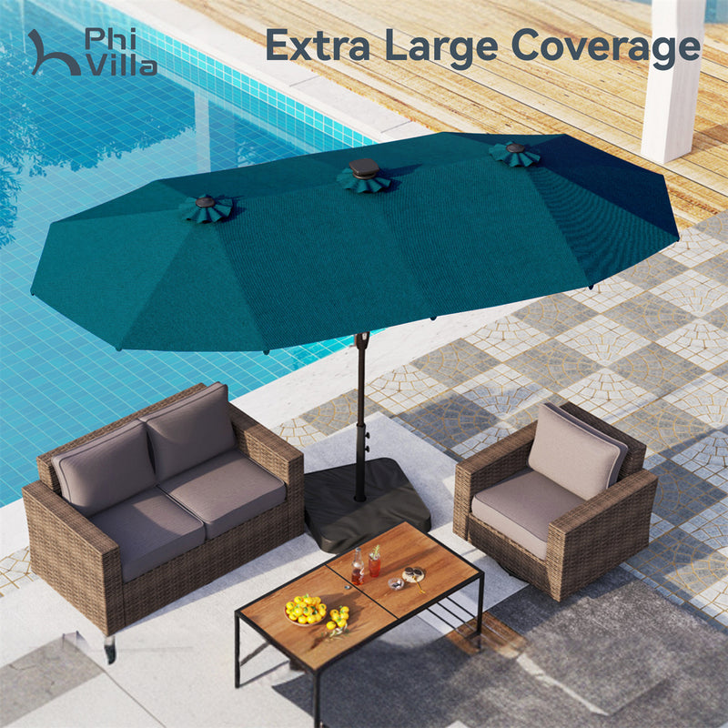 PHI VILLA 13Ft Double-Sided Umbrella - Solar Powered LED Lights, Adjustable Crank, and Durable Construction