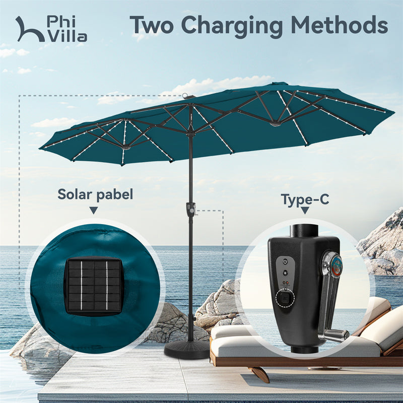 PHI VILLA 13Ft Double-Sided Umbrella - Solar Powered LED Lights, Adjustable Crank, and Durable Construction