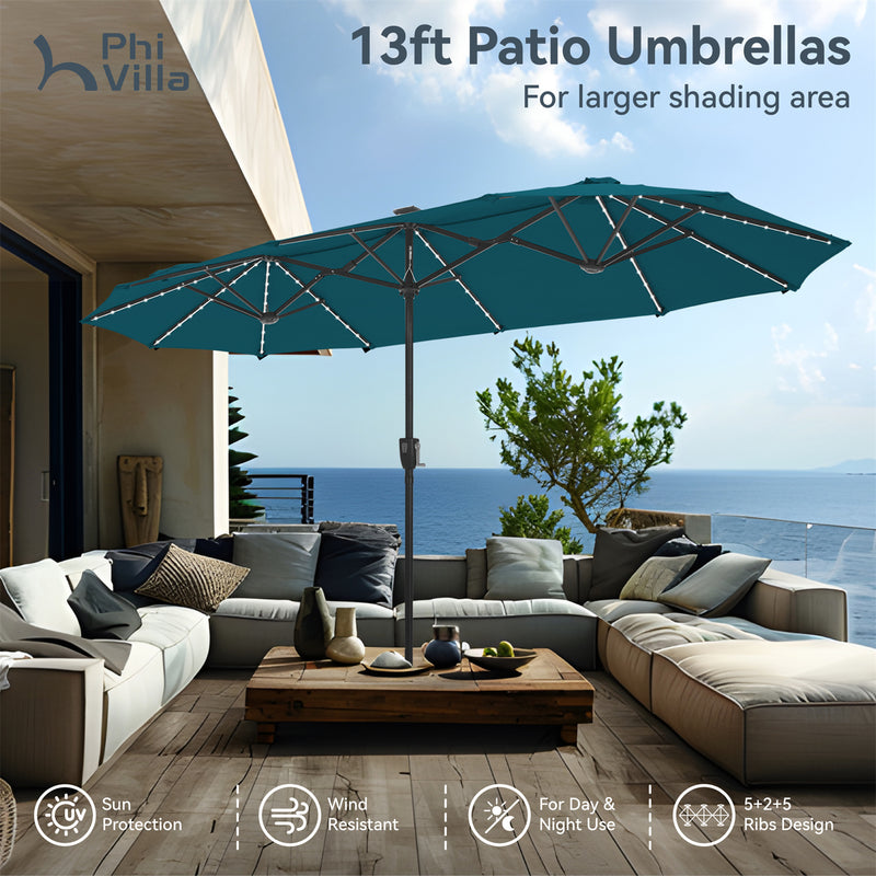 PHI VILLA 13Ft Double-Sided Umbrella - Solar Powered LED Lights, Adjustable Crank, and Durable Construction