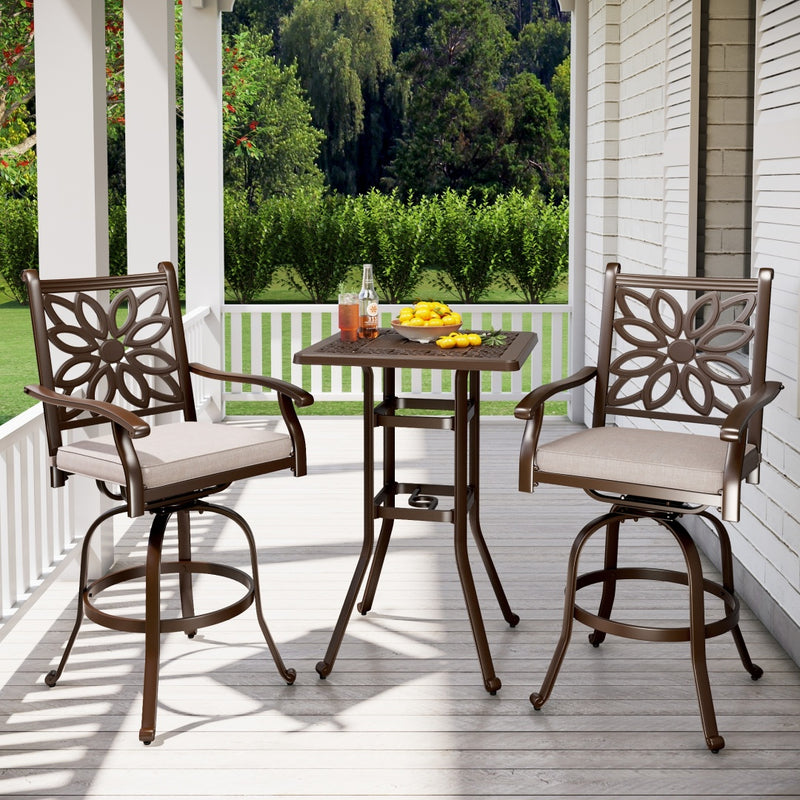 Phi Villa 3-Piece Cast Aluminum Square Table & 2 Patio High Swivel Bistro Bar Stools Chairs Set