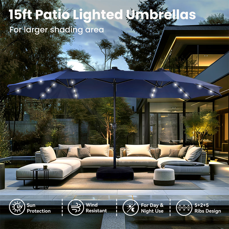 PHI VILLA 15ft 11-Color Double-Sided Patio Extra Large Umbrella With LED Lights