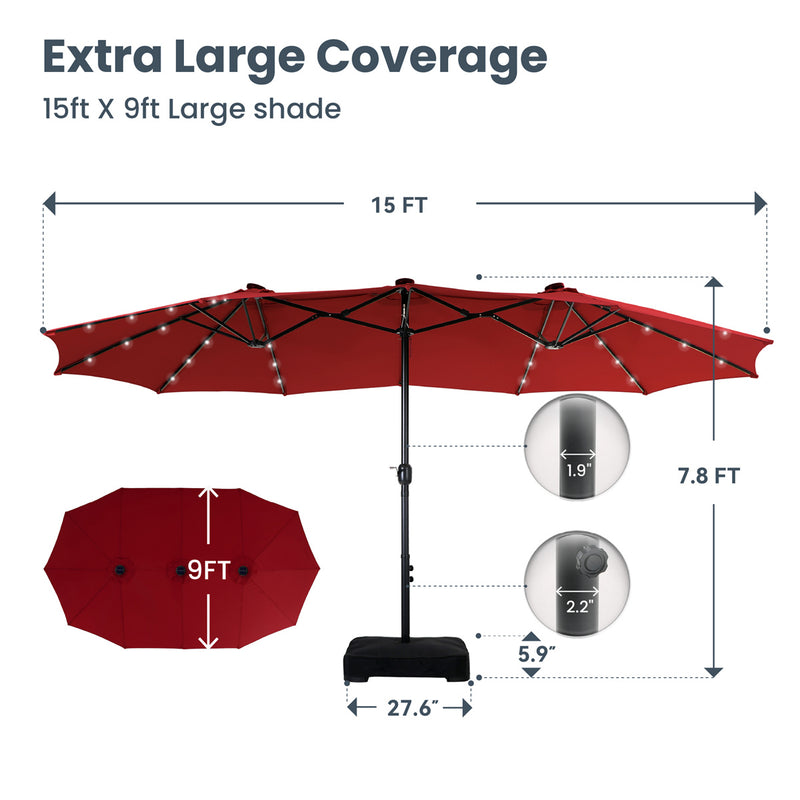 PHI VILLA 15ft Double-Sided Patio Extra Large Umbrella With LED Lights