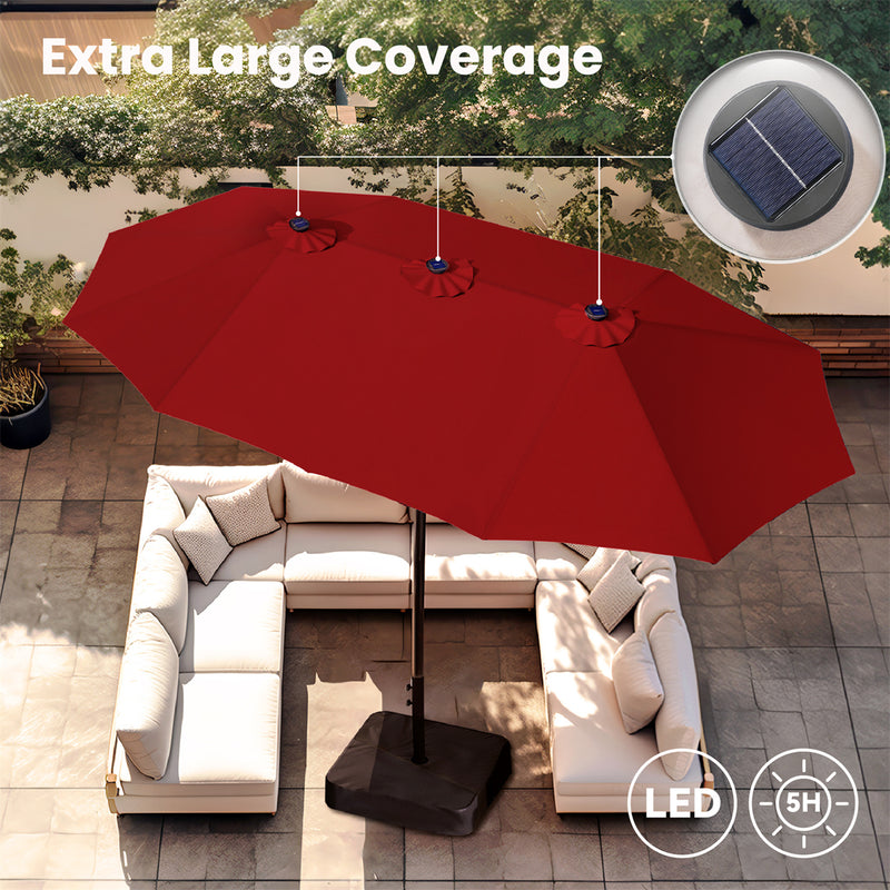 PHI VILLA 15ft Double-Sided Patio Extra Large Umbrella With LED Lights