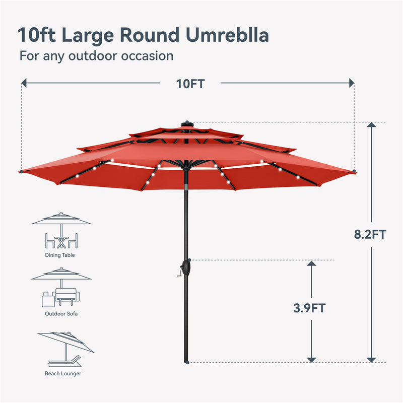 PHI VILLA 10ft 3 Tier Auto-tilt Patio Vented Umbrella with LED Lights