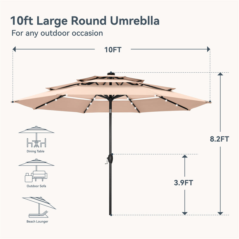 PHI VILLA 10ft 3 Tier Auto-tilt Patio Vented Umbrella with LED Lights