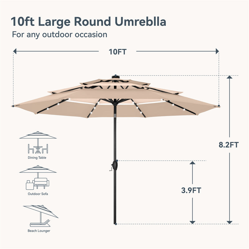 PHI VILLA 10ft 3 Tier Auto-tilt Patio Vented Umbrella with LED Lights