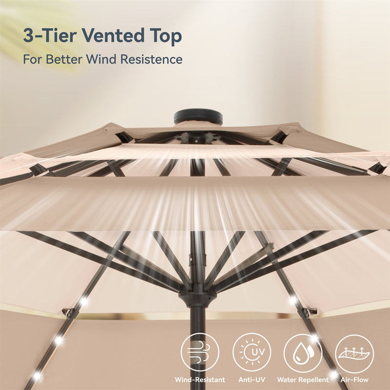 PHI VILLA 10ft 3 Tier Auto-tilt Patio Vented Umbrella with LED Lights