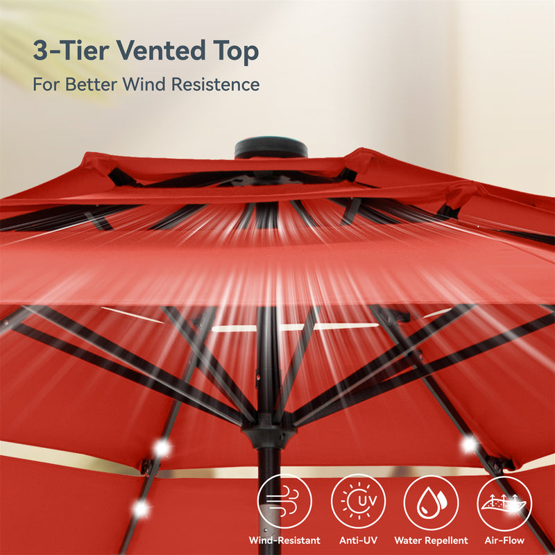 PHI VILLA 10ft 3 Tier Auto-tilt Patio Vented Umbrella with LED Lights