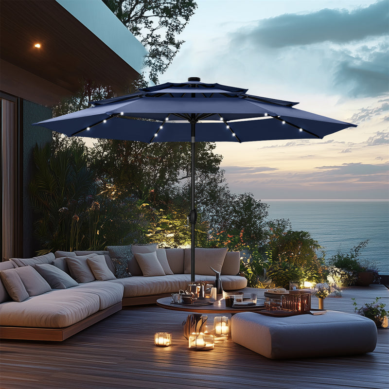 PHI VILLA 10ft 3 Tier Auto-tilt Patio Vented Umbrella with LED Lights