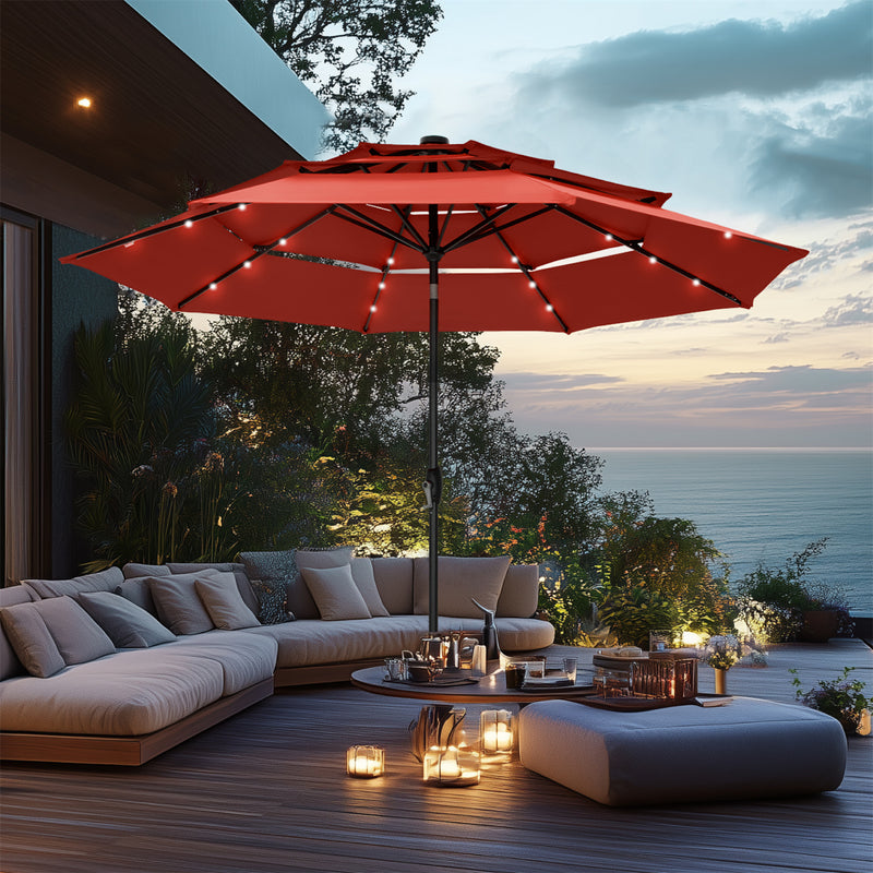 PHI VILLA 10ft 3 Tier Auto-tilt Patio Vented Umbrella with LED Lights