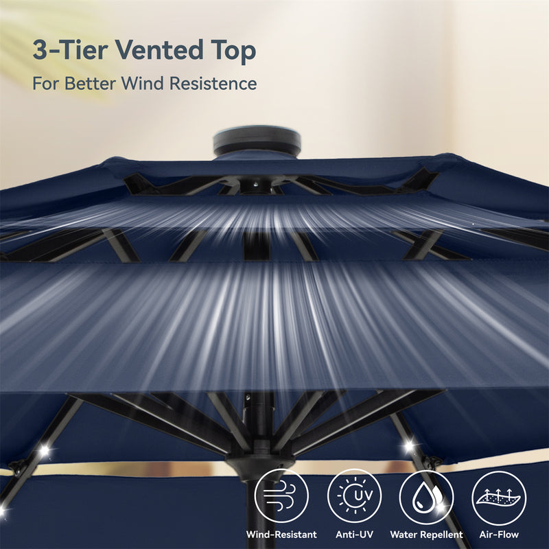 PHI VILLA 10ft 3 Tier Auto-tilt Patio Vented Umbrella with LED Lights