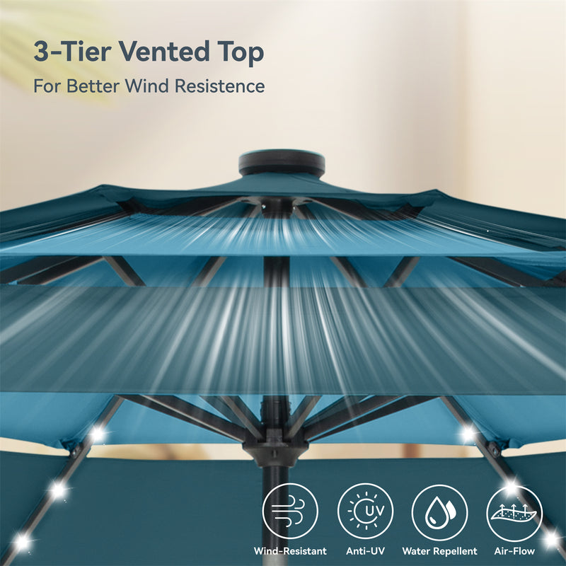 PHI VILLA 10ft 3 Tier Auto-tilt Patio Vented Umbrella with LED Lights