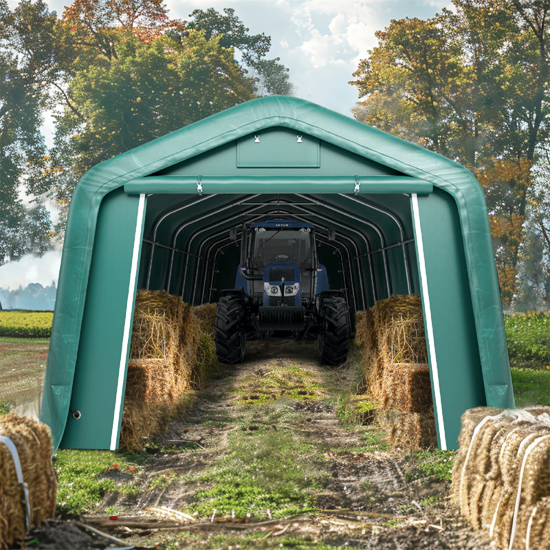 PHI VILLA Outdoor 11x32ft Green Storage Tent for Vehicles, Farm, and Agricultural Use