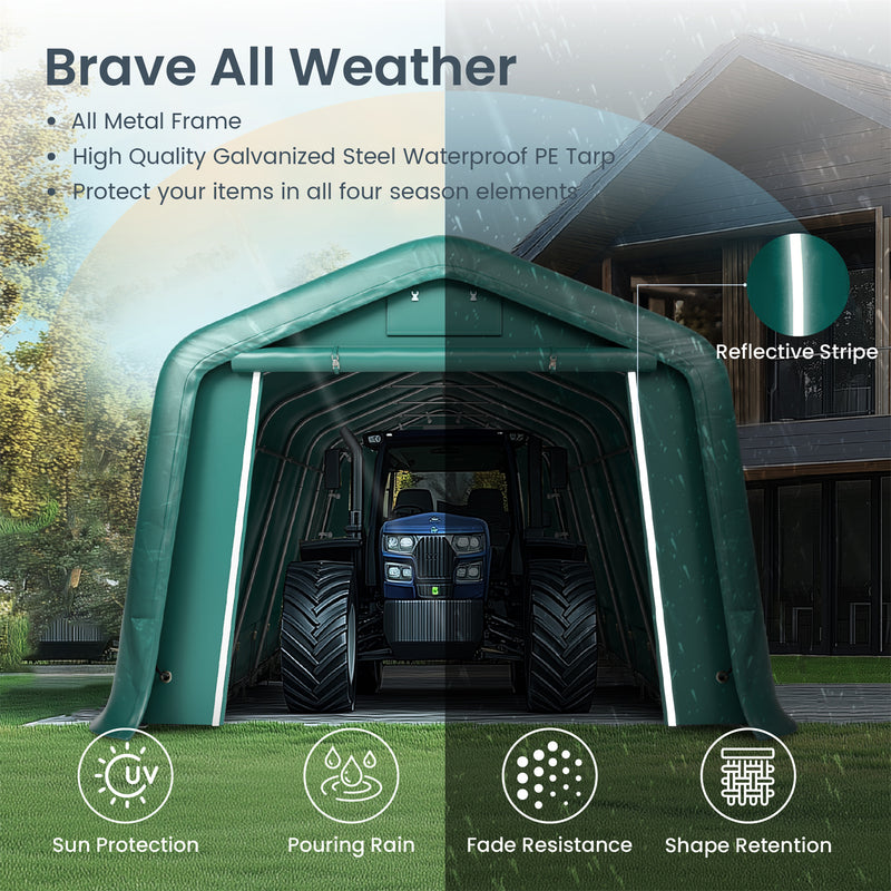 PHI VILLA Outdoor 11x32ft Green Storage Tent for Vehicles, Farm, and Agricultural Use