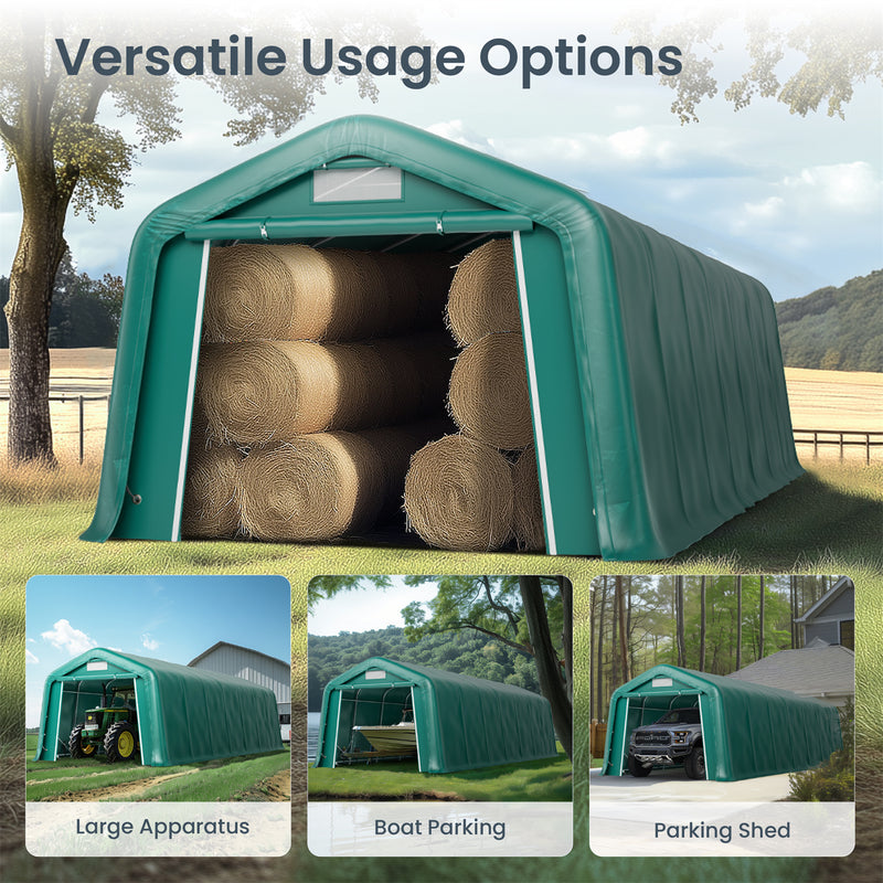 PHI VILLA Outdoor Green Storage Shed 11x32ft Portable Carport Multi-Function Shelter for Vehicles, Farm, and Agricultural Use