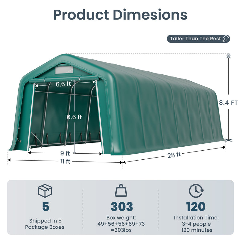 PHI VILLA Outdoor 11x32ft Green Storage Tent for Vehicles, Farm, and Agricultural Use