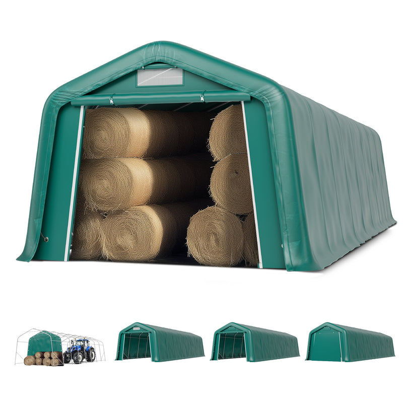 PHI VILLA Outdoor Green Storage Shed 11x32ft Portable Carport Multi-Function Shelter for Vehicles, Farm, and Agricultural Use