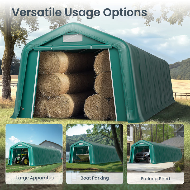 PHI VILLA Outdoor Green Storage Shed 11x32ft Portable Carport Multi-Function Shelter for Vehicles, Farm, and Agricultural Use