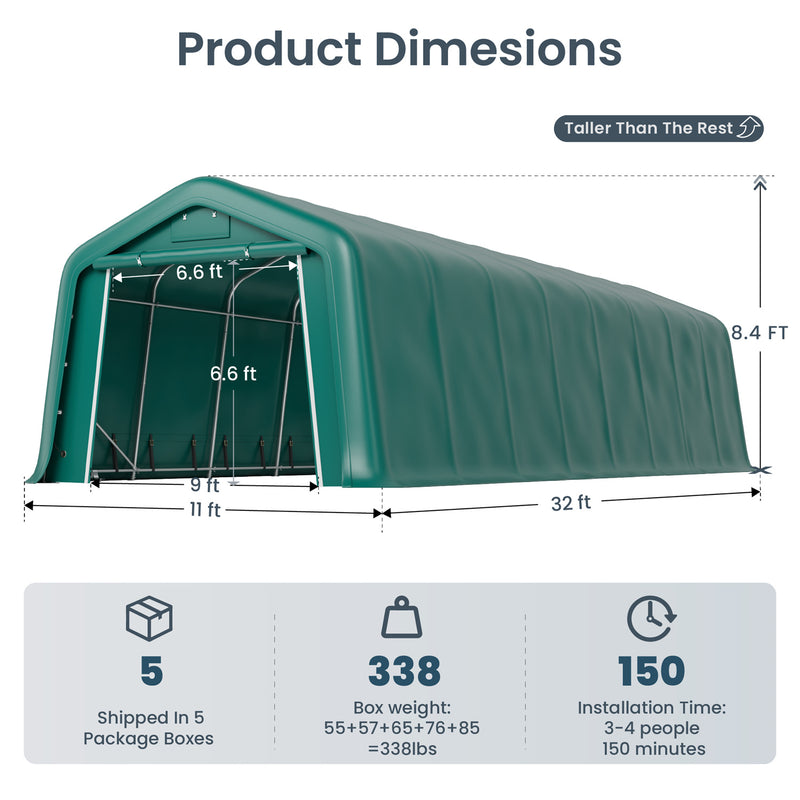 PHI VILLA Outdoor Green Storage Shed 11x32ft Portable Carport Multi-Function Shelter for Vehicles, Farm, and Agricultural Use