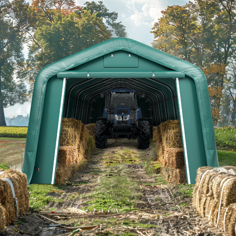 PHI VILLA Outdoor 11x32ft Green Storage Tent for Vehicles, Farm, and Agricultural Use