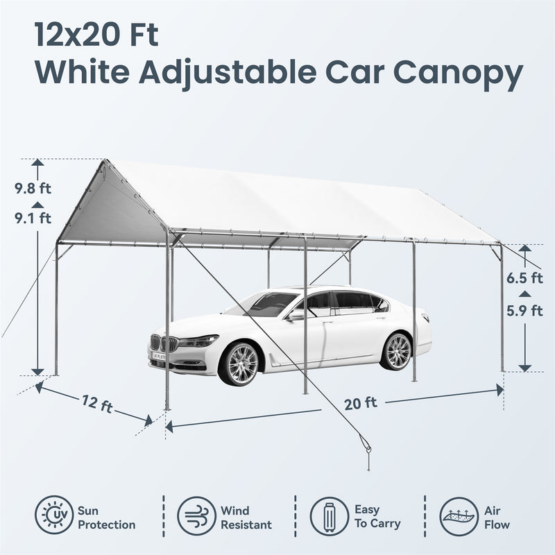 PHI VILLA 12'X20' White Carport Height Adjustable Outdoor Heavy Duty Car Storage