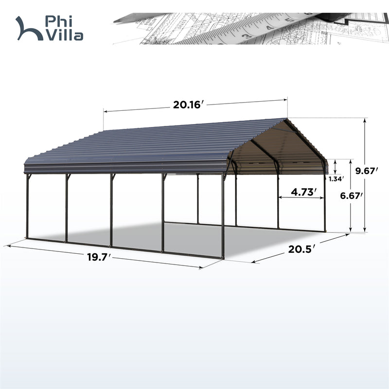 PHI VILLA 20x20ft 2 Car Metal Carports Deluxe Car Storage with Durable Steel Frame and Metal Proof