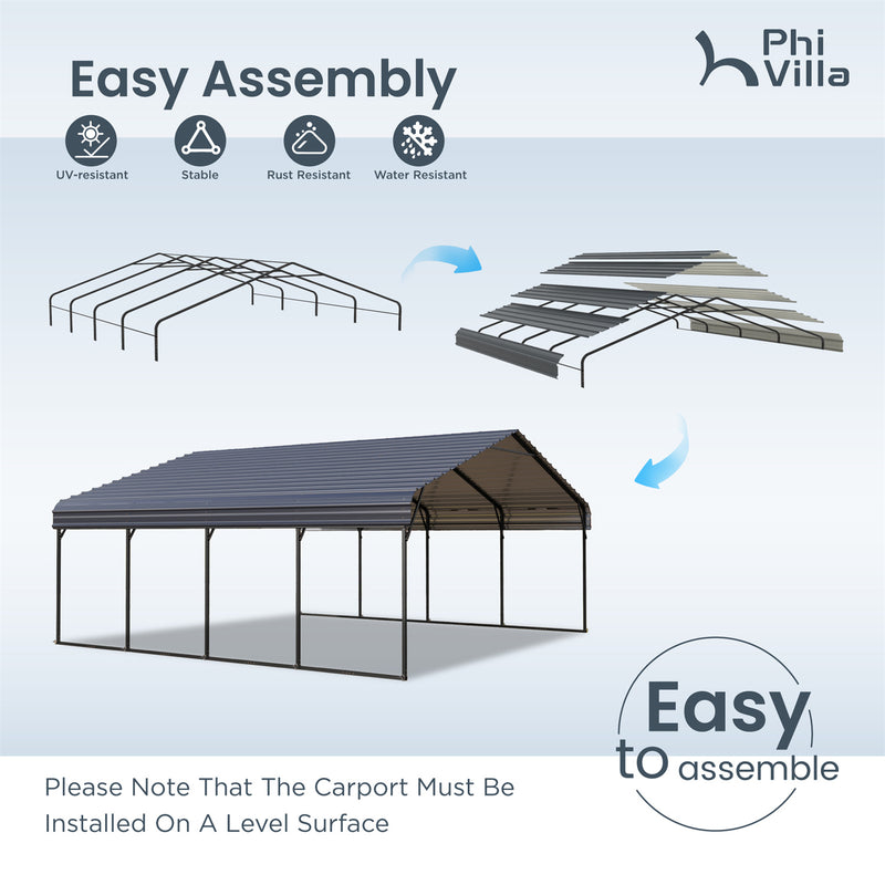 PHI VILLA 20x20ft 2 Car Metal Carports Deluxe Car Storage with Durable Steel Frame and Metal Proof