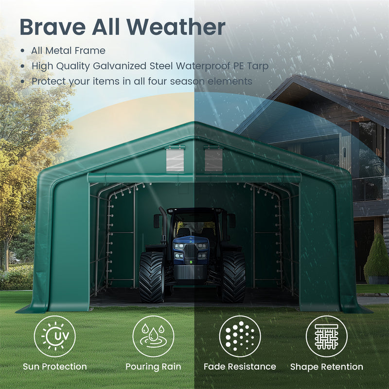 PHI VILLA 20x20ft Green Heavy Duty Storage Tent for Vehicles, Boats, Garden Tools & Large Equipment