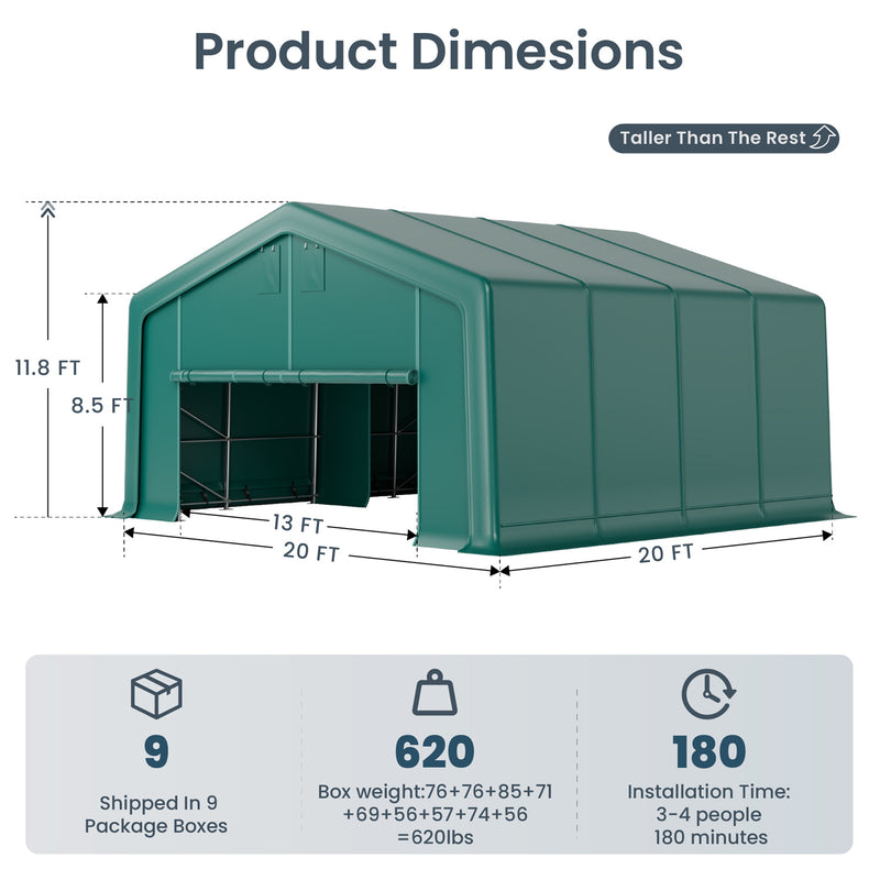 PHI VILLA 20x20ft Green Heavy Duty Instant Storage Tent with Durable Galvanized Frame for Vehicles, Boats, Garden Tools & Large Equipment