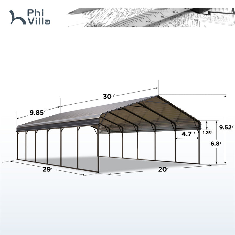 PHI VILLA 20x30ft Hardtop Carport Metal Weatherproof Car Garage Outdoor Car Shelter Shade