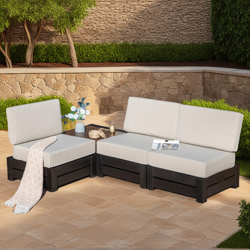 Phi Villa 4-Seater Outdoor Sectional Sofa with Deep Cushions and Wood Grain Table