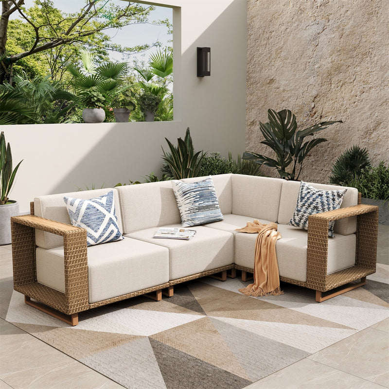 Phi Villa 4-Seater Modern Rattan Outdoor Conversation Sofa set with Wide Armrest and T-shaped Cushions