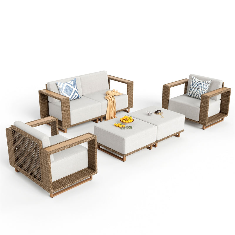 Phi Villa 4-Seater Modern Rattan Outdoor Conversation Sofa set with Wide Armrest and T-shaped Cushions