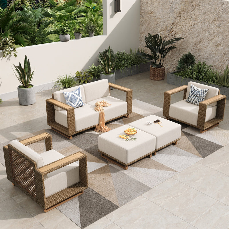 Phi Villa 4-Seater Modern Rattan Outdoor Conversation Sofa set with Wide Armrest and T-shaped Cushions