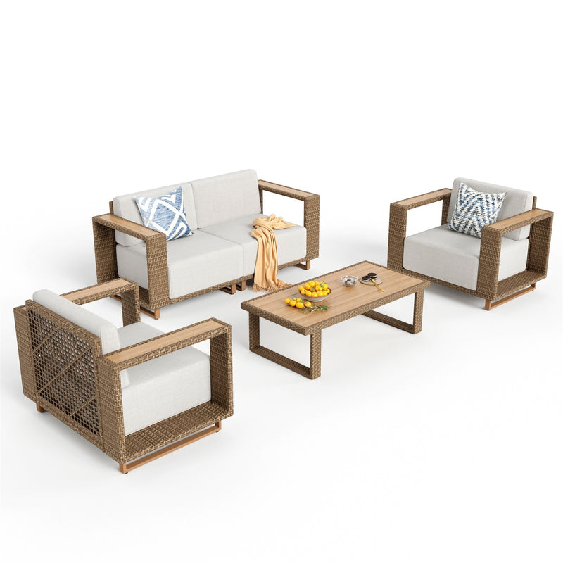 Phi Villa 4-Seater Modern Rattan Outdoor Conversation Sofa set with Wide Armrest and T-shaped Cushions