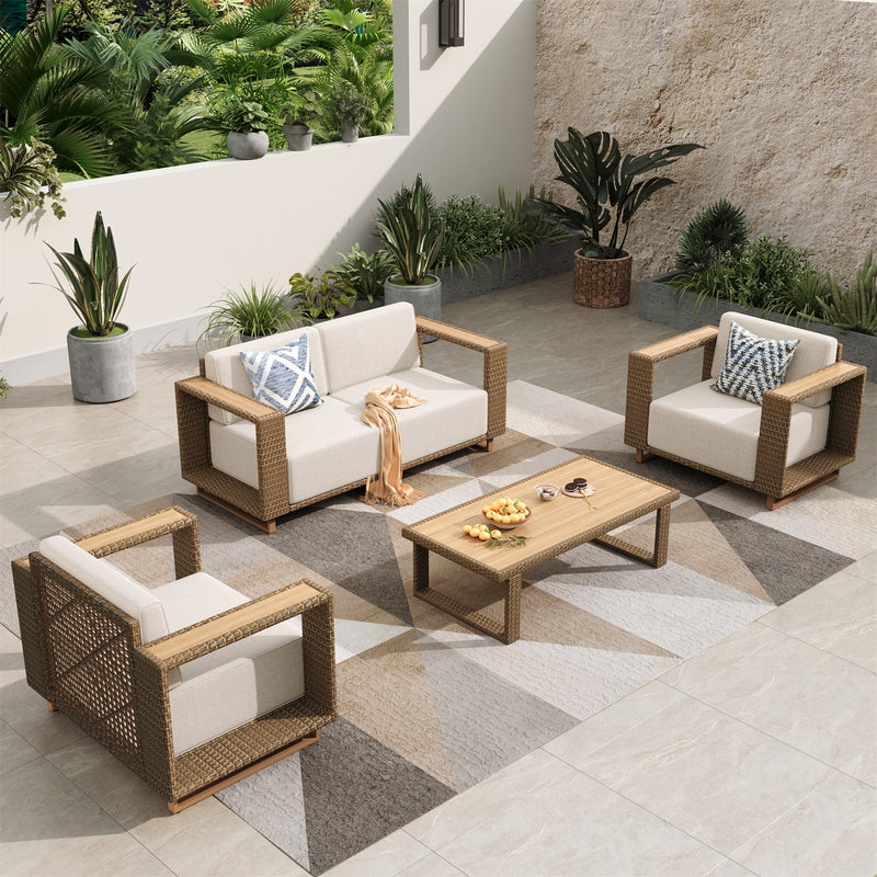 Phi Villa 4-Seater Modern Rattan Outdoor Conversation Sofa set with Wide Armrest and T-shaped Cushions