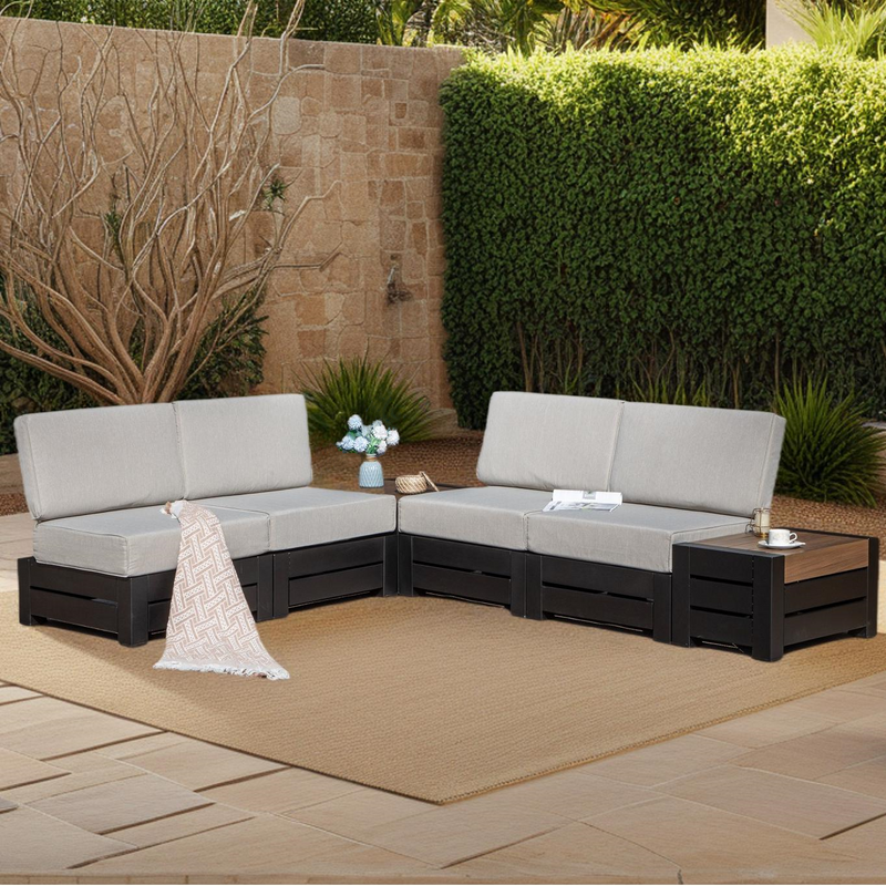 Phi Villa 4-Seater Outdoor Sectional Sofa with Deep Cushions and Wood Grain Table