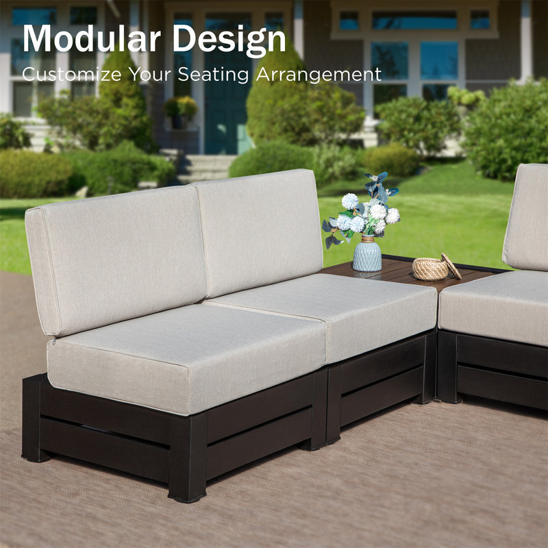 Phi Villa 4-Seater Outdoor Sectional Sofa with Deep Cushions and Wood Grain Table