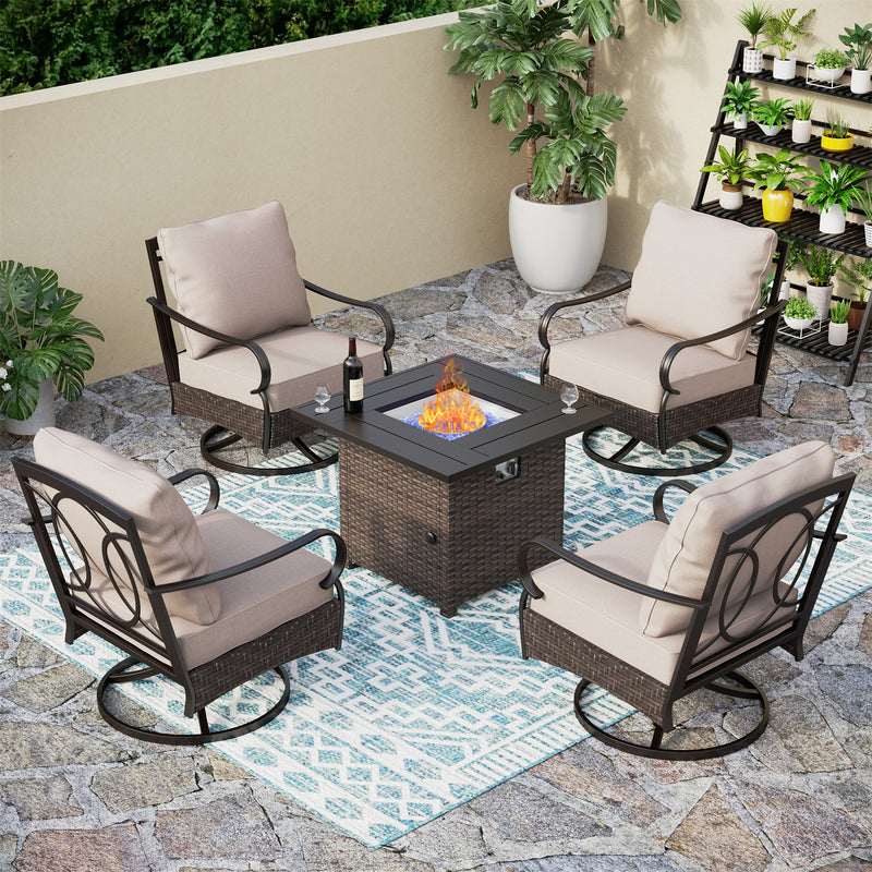 Phi Villa 4-Seater Outdoor Steel & Rattan Conversation Sofa Set With Square Fire Pit Table