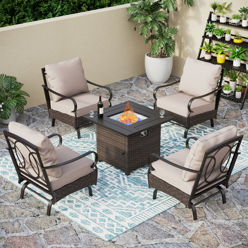 Phi Villa 4-Seater Outdoor Steel & Rattan Conversation Sofa Set With Square Fire Pit Table