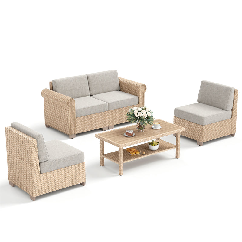 Phi Villa Outdoor Classic Garden Modular Wicker Deep Sofa Set with Coffee Table