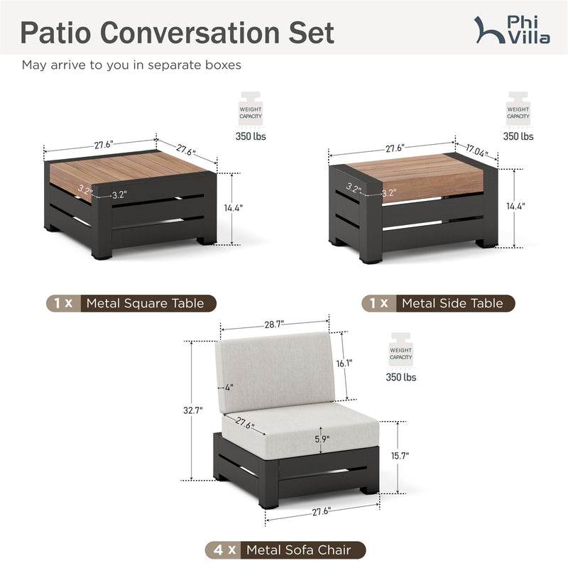 Phi Villa 4-Seater Outdoor Sectional Sofa with Deep Cushions and Wood Grain Table